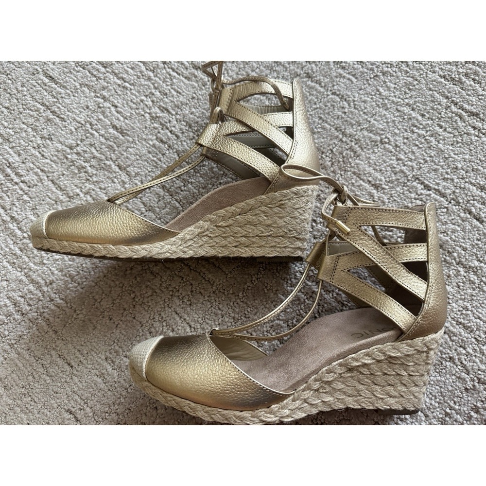 Vionic Women's Aruba Gold Lace-Up Ankle Strap Wedge Espadrille Sandals Sz 7